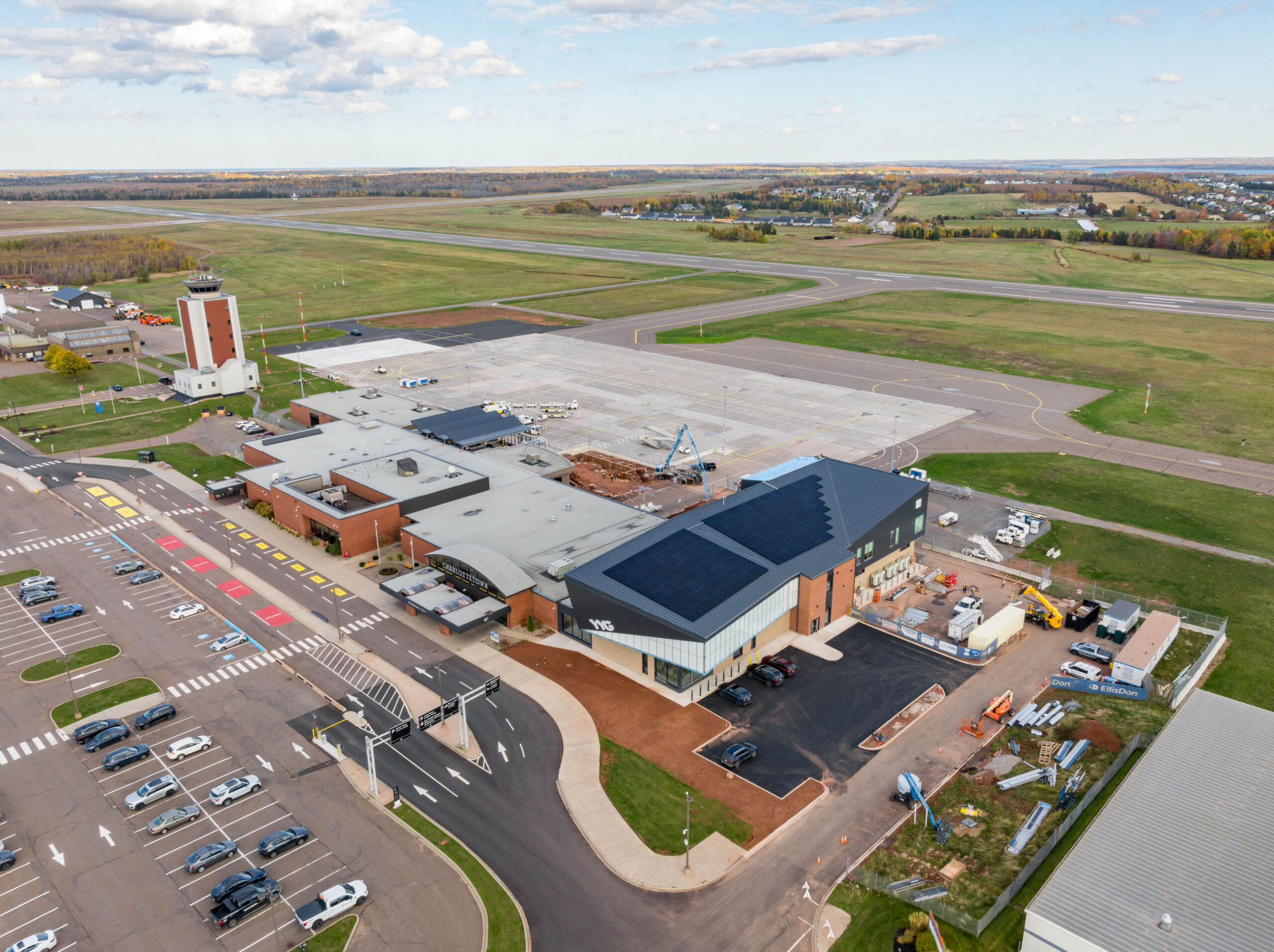 Image of YYG terminal exerior featuring solar panels.