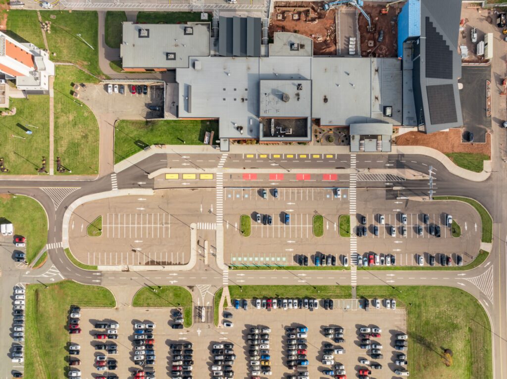 Photo of YYG parking lot from an aerial view.